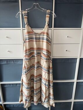 Free People Anthropologie Harper Midi Jumper Dress with Blue Tan Stripes size S
